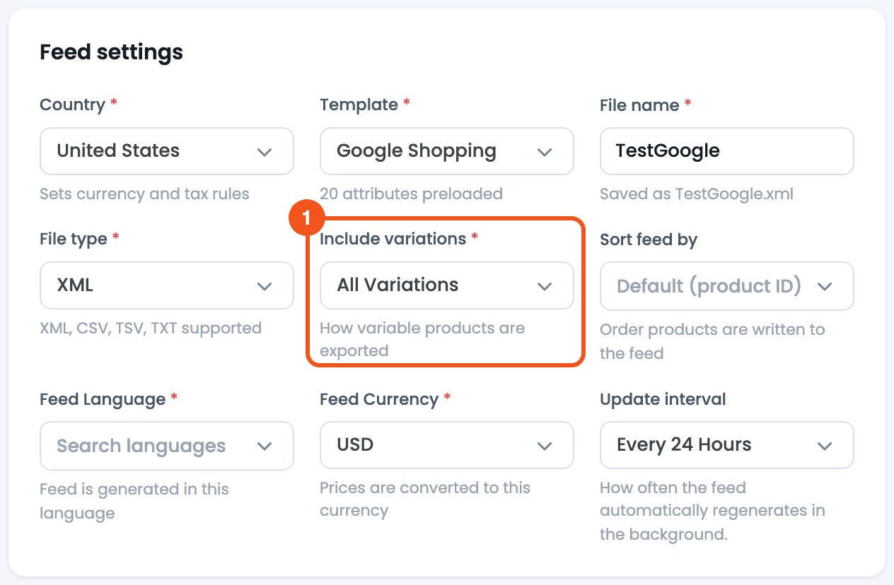 How to Exclude/Include Product Variations? CTX Feed Make Feed Feed settings card with the Include variations dropdown