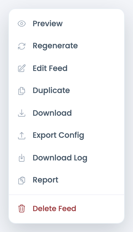 How to Manage Feeds? The row actions menu opened for a single feed