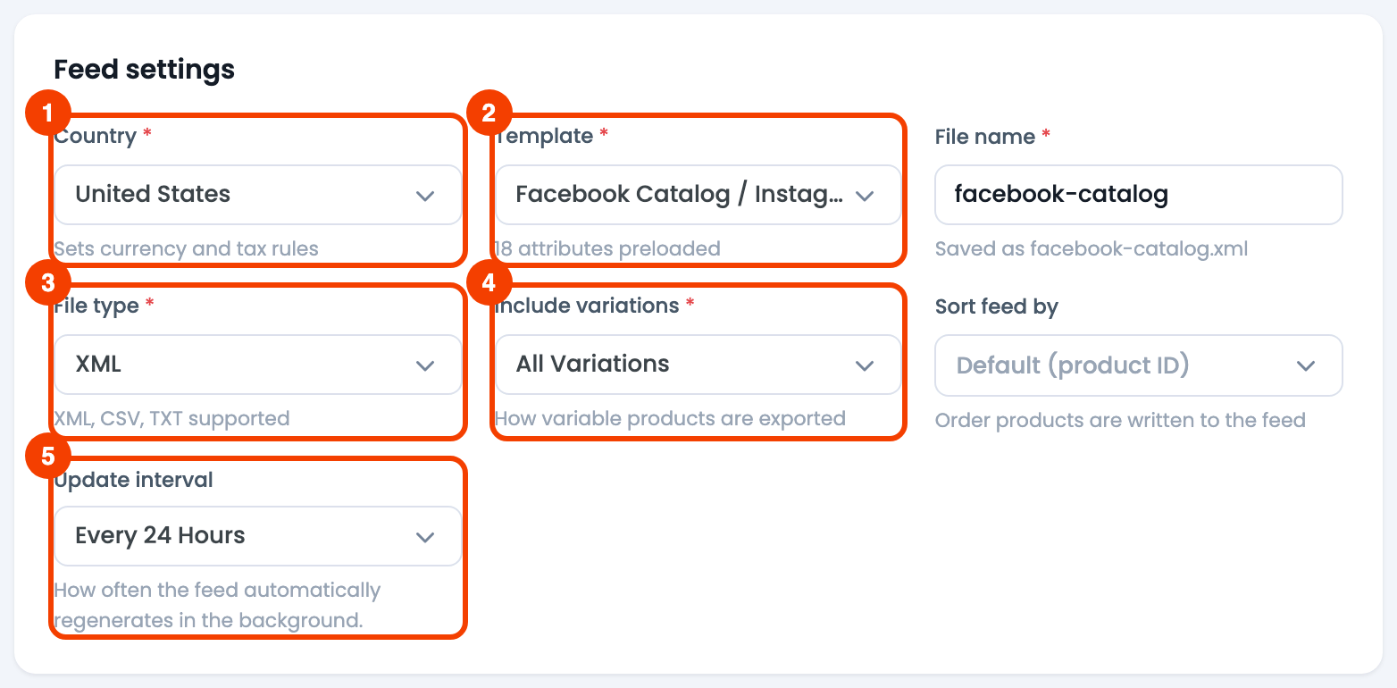 How to Make and Upload Product Feed to Facebook Business Manager? CTX Feed Make Feed Feed settings card configured for a Facebook Catalog / Instagram feed