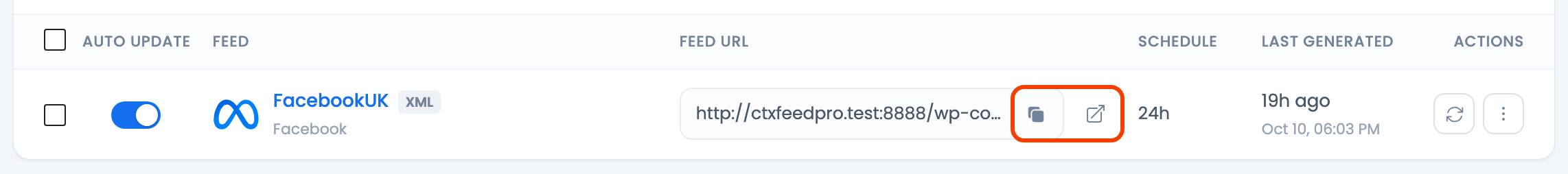 How to Make and Upload Product Feed to Facebook Business Manager? CTX Feed Manage Feeds row with the Feed URL copy and open icons