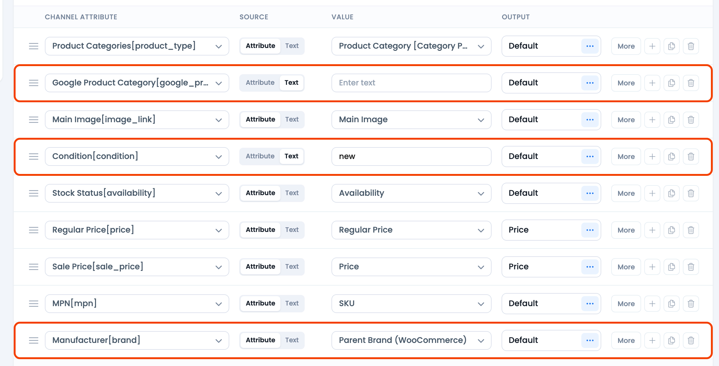 How To Upload WooCommerce Product Feed to Google Merchant Center? CTX Feed Config tab for a Google Shopping feed with the google_product_category, condition and brand rows highlighted