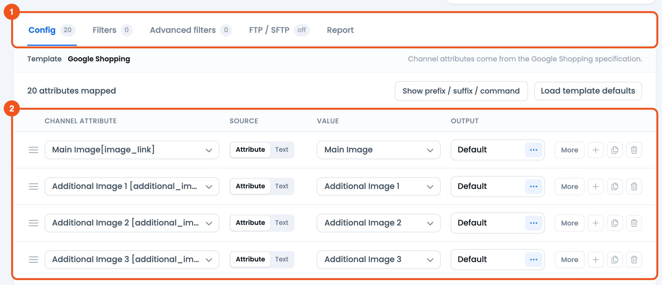 How to Configure Product Images into Feed? CTX Feed Make Feed Config tab of a Google Shopping feed showing the Main Image and Additional Image rows, with the tab bar and the mapping table numbered