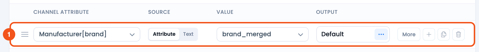 Conditionally Merge Multiple Attributes with CTX Feed CTX Feed Config tab row mapping the brand channel attribute to the brand_merged dynamic attribute