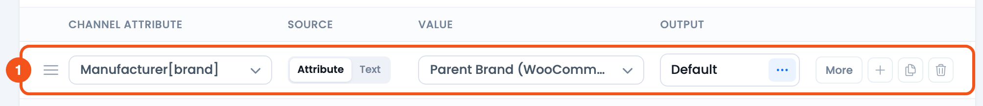 Dynamically Set the Product Brand in Feed CTX Feed Config tab row mapping the brand channel attribute to Parent Brand (WooCommerce)