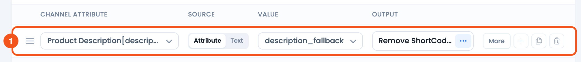 How to Create a “If Field A is Empty Then Get B” Rule? CTX Feed Config tab row mapping the description channel attribute to the description_fallback dynamic attribute
