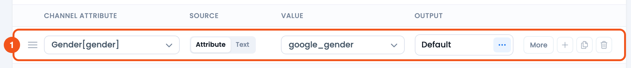 Dynamically Add Gender to Google Product Feed CTX Feed Config tab row mapping the gender channel attribute to the google_gender dynamic attribute