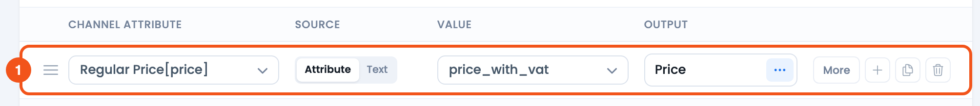 Include Value Added Tax (VAT) in Product Prices CTX Feed Config tab row mapping the price channel attribute to the price_with_vat dynamic attribute with Output set to Price
