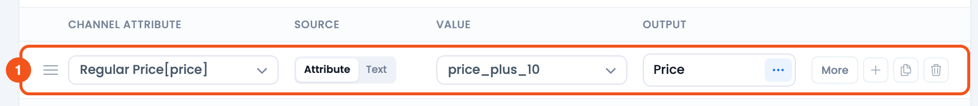 Dynamically Change Product Price in Feed CTX Feed Config tab row mapping the price channel attribute to the price_plus_10 dynamic attribute with Output set to Price