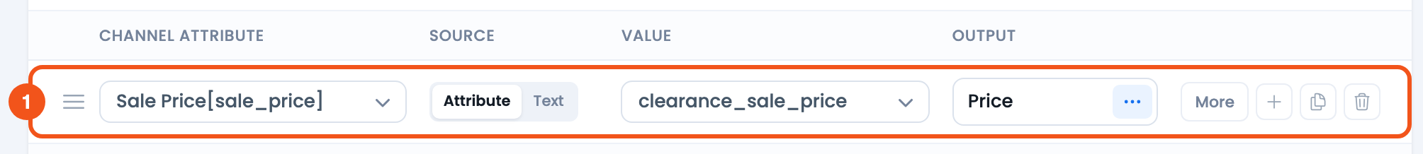 How to Set Discount Prices In Feed Based on Product Title? CTX Feed Config tab row mapping the sale_price channel attribute to the clearance_sale_price dynamic attribute