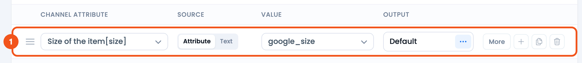 How to Configure the Dynamic Attribute? CTX Feed Config tab row mapping the size channel attribute to the google_size dynamic attribute