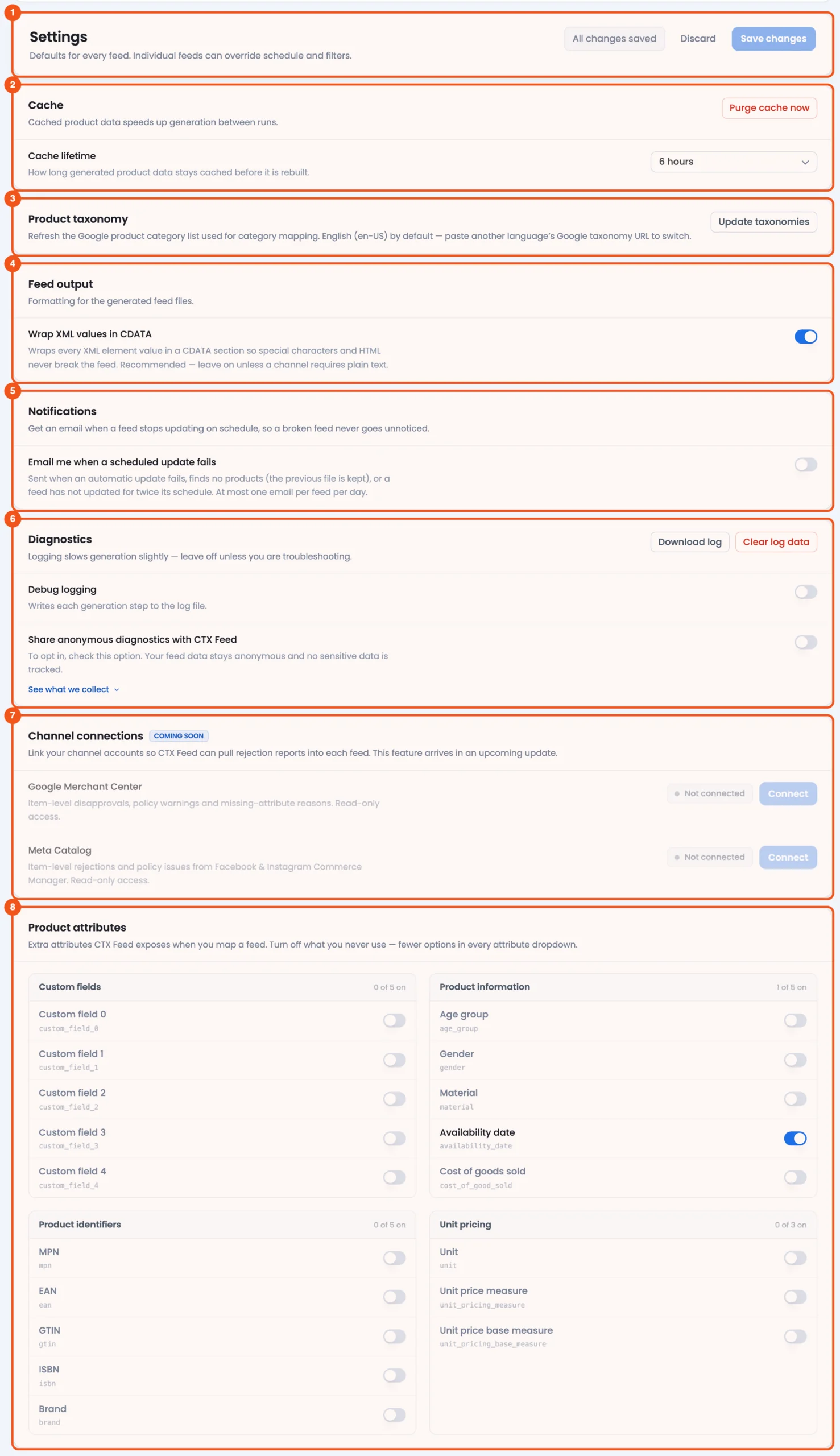 Introduction to CTX Feed Plugin Settings The CTX Feed Settings screen with its stacked section cards