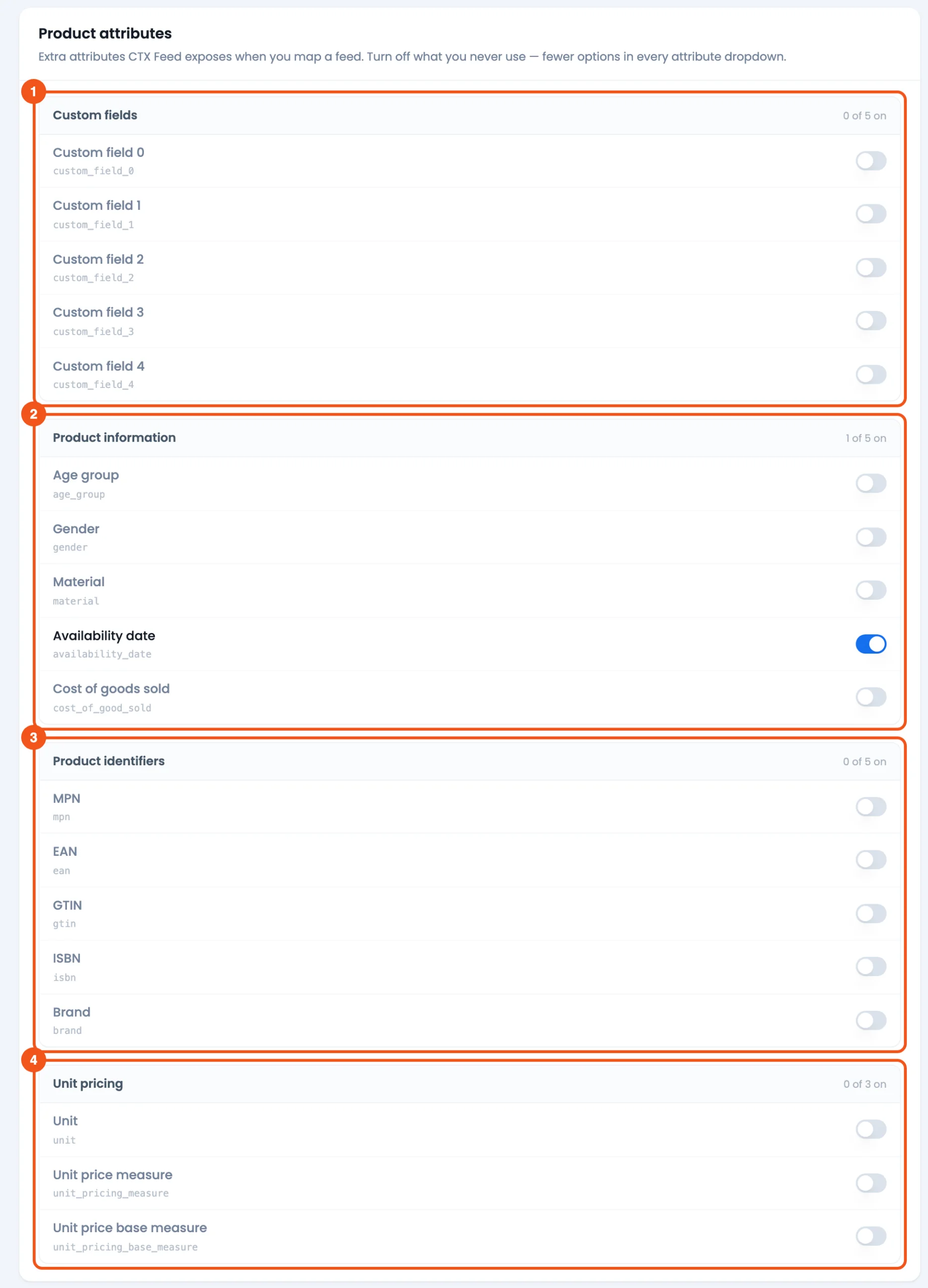 Introduction to CTX Feed Plugin Settings The Product attributes card with its four attribute groups