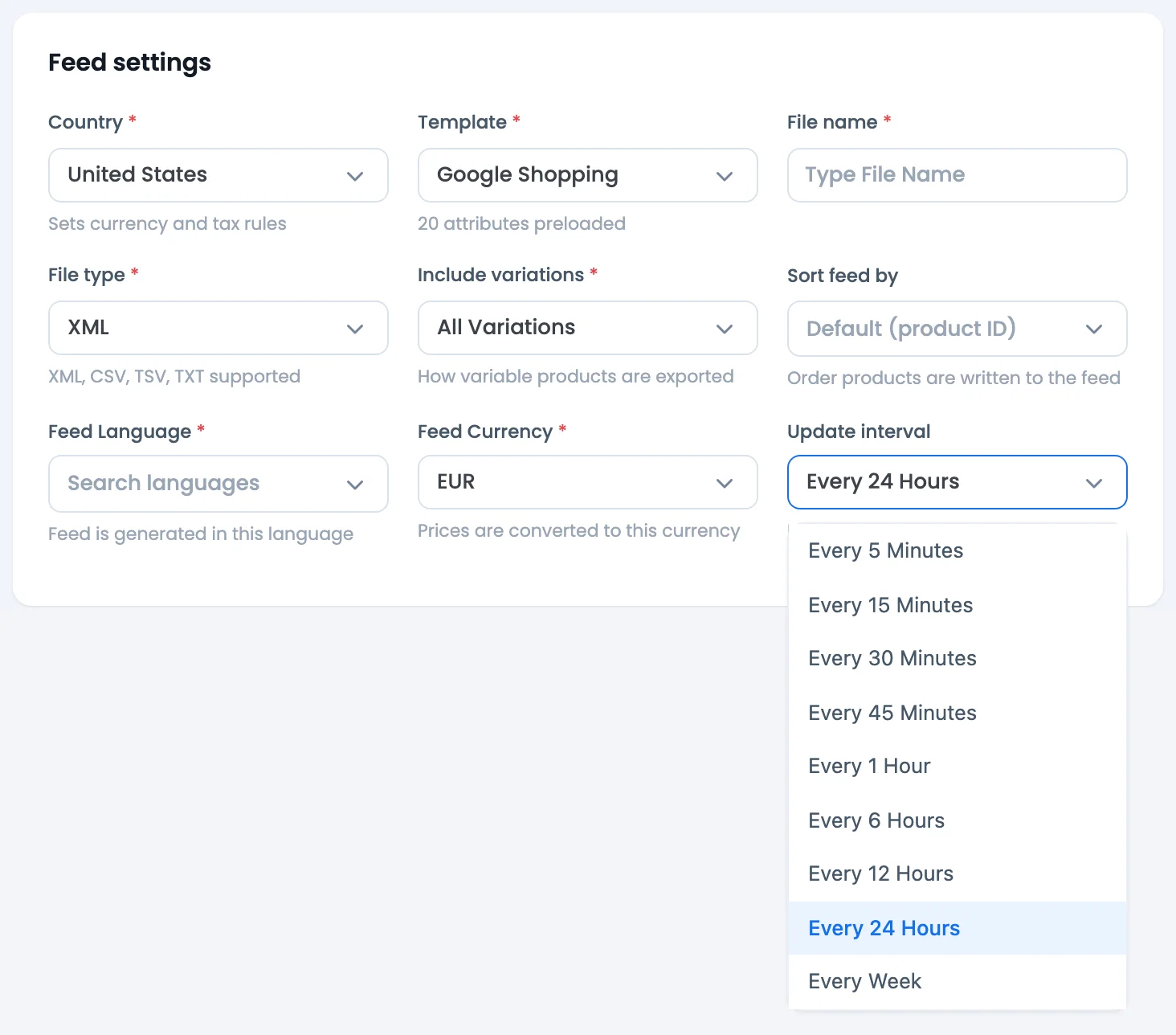 How Long Does It Take for Products to Show on Google Shopping? Merchant Center Review Times and Statuses CTX Feed Make Feed screen, Feed settings, Update interval options from every 5 minutes to every week
