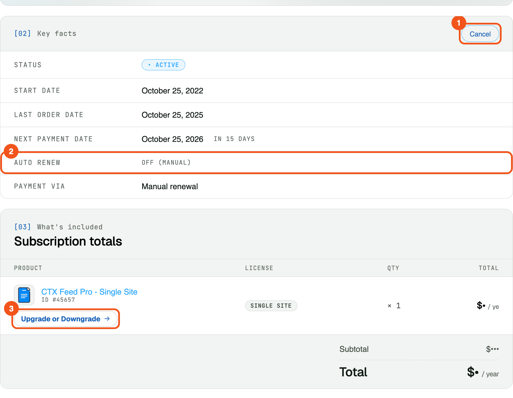 How to Upgrade or Downgrade Subscription? WebAppick account subscription page with the Cancel button, the Auto renew setting and the Upgrade or Downgrade button numbered