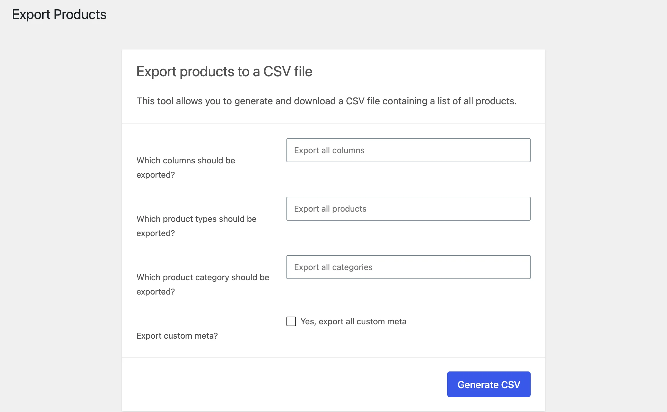 How to Export WooCommerce Products (All, Selected or One, with Images) WooCommerce Export Products screen with column, product type and category options