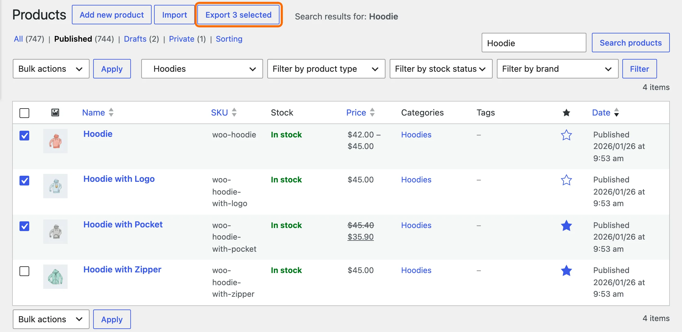 How to Export WooCommerce Products (All, Selected or One, with Images) Export 3 selected button in the WooCommerce product list