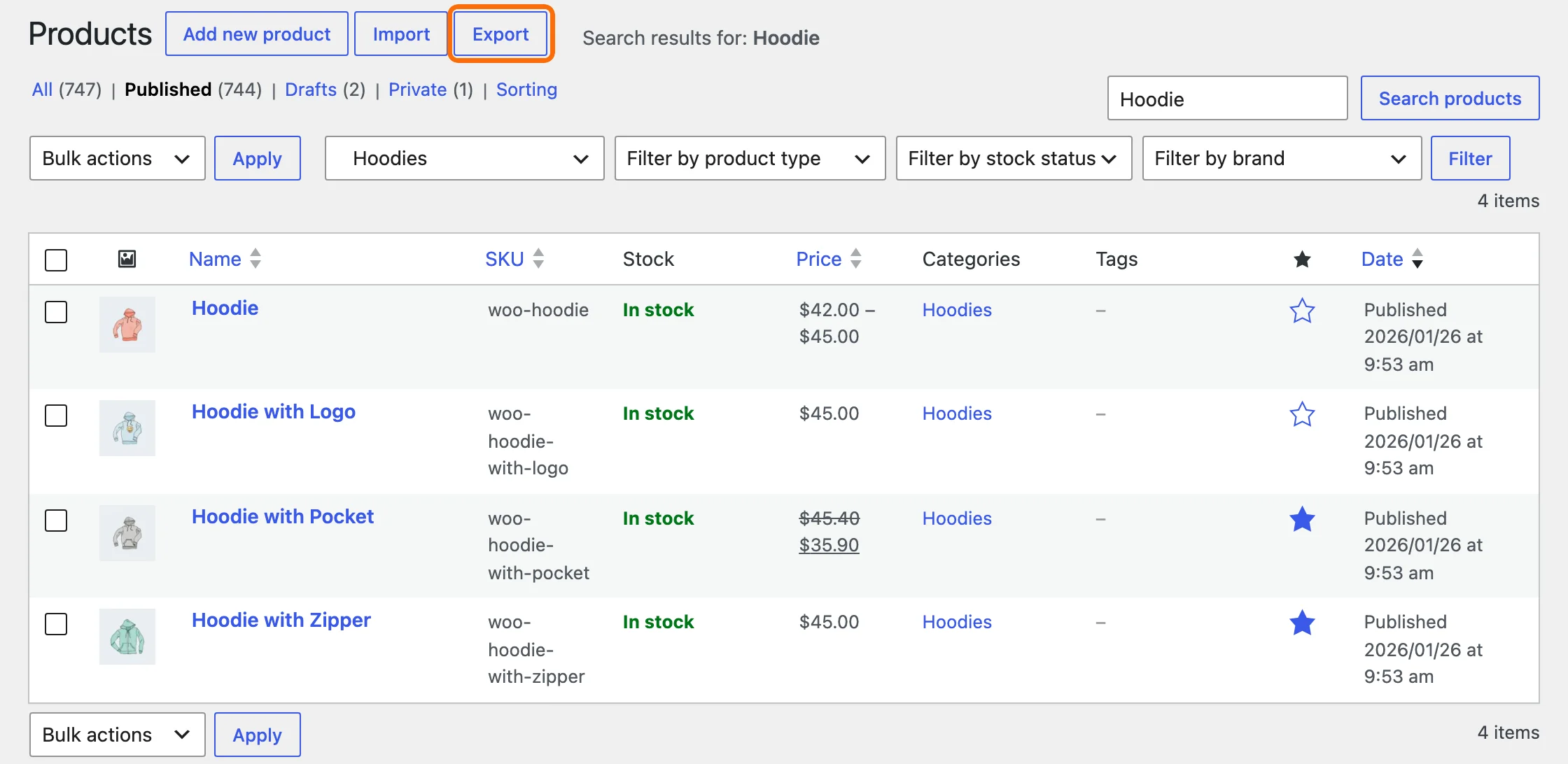How to Export WooCommerce Products (All, Selected or One, with Images) Export button on the WooCommerce All Products screen