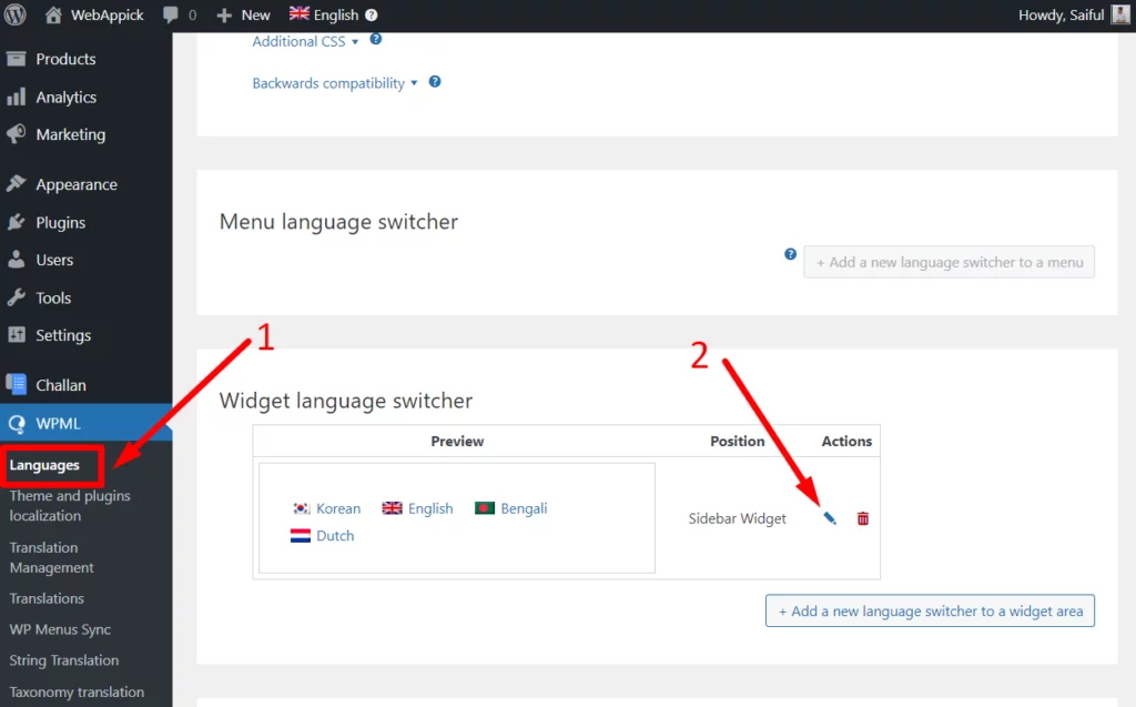 How WPML Integrates with Challan for Multi-Language Widget language switcher option