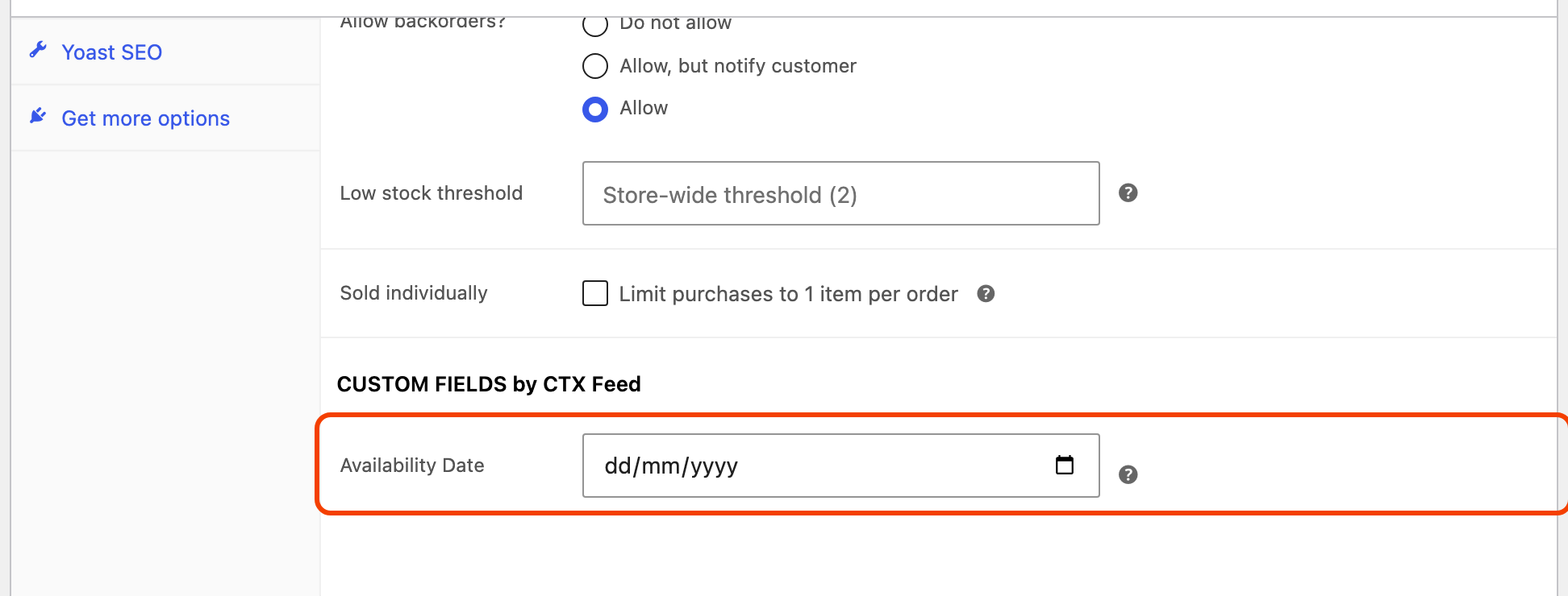 How to add an Availability date based on the current date for the items on backorder? WooCommerce product Inventory tab with the CTX Feed Availability Date field