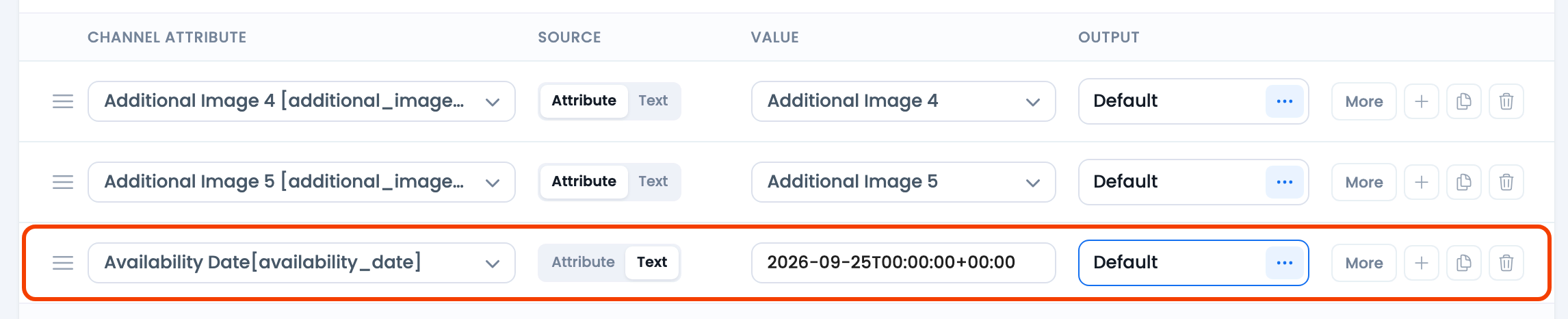 How to add an Availability date based on the current date for the items on backorder? CTX Feed Config tab with an Availability Date row whose Source is Text and Value is an ISO 8601 date