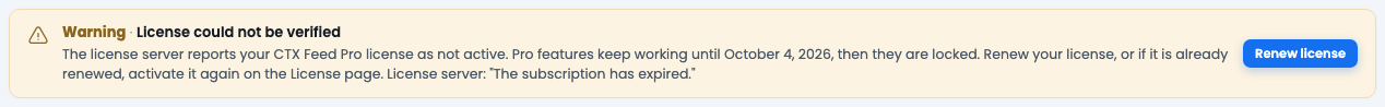 How to Manage License Key? The "License could not be verified" warning at the top of the CTX Feed page, with the lock date and a Renew license button