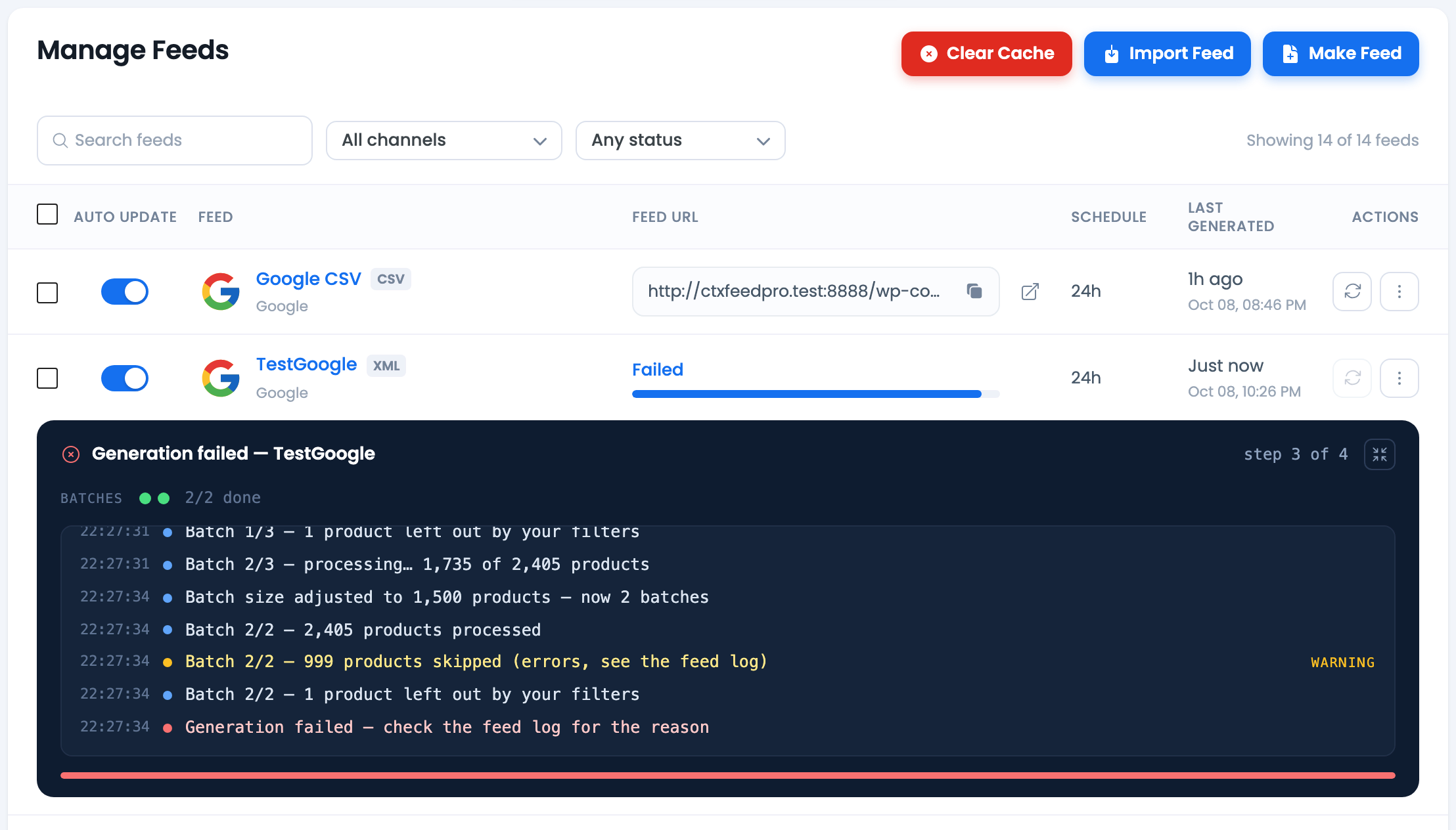 How to Manage Feeds? A feed row in the Failed state with the generation console open