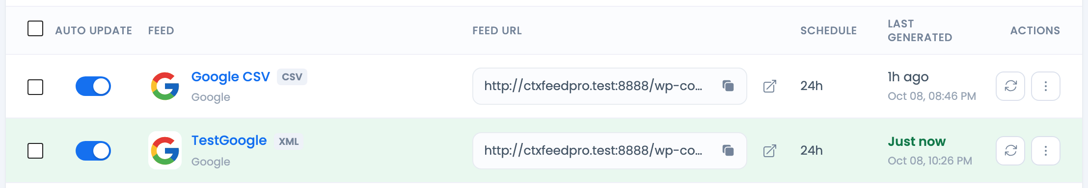 How to Manage Feeds? A feed row a moment after generation finished: the row is tinted light green and the Last Generated time is green