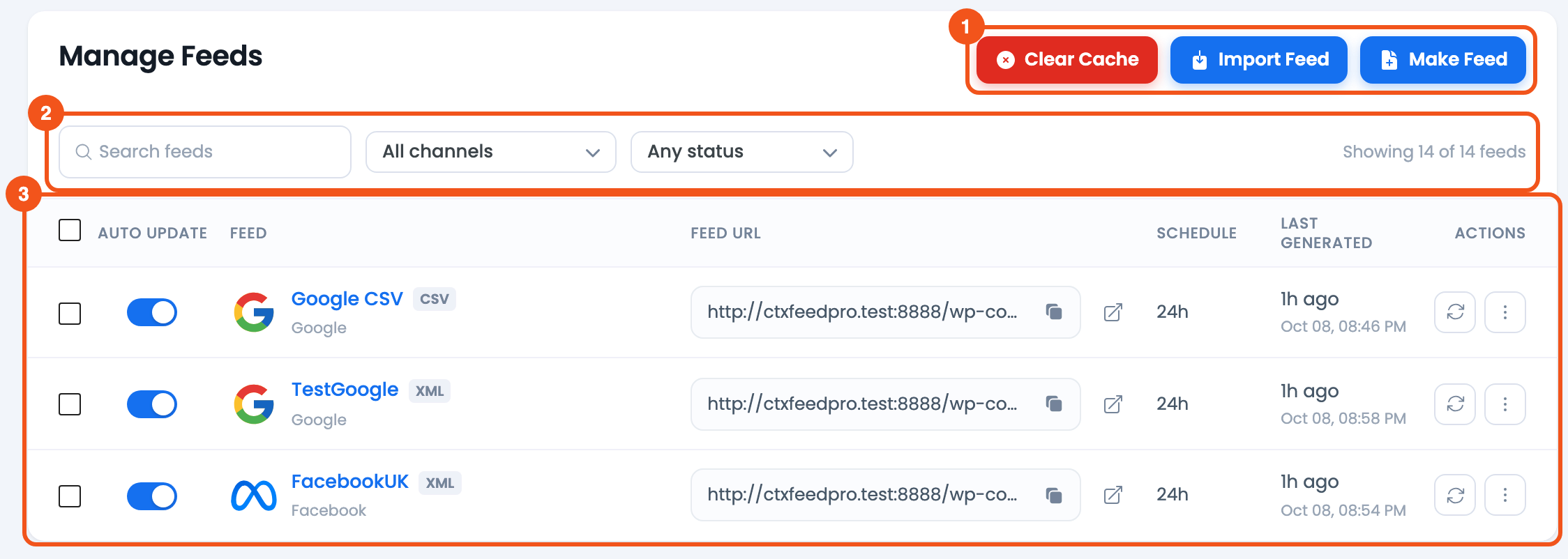How to Manage Feeds? CTX Feed Manage Feeds screen showing header actions, the filter toolbar, and the feed table