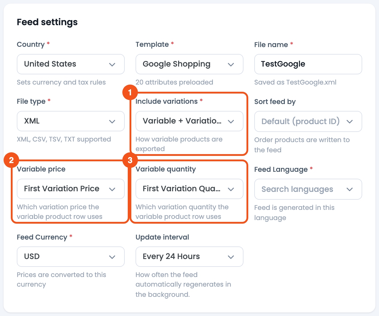 Include Variations: All you need to know about CTX Feed Pro CTX Feed Feed settings with Include variations set to Variable + Variations, revealing the Variable price and Variable quantity selects
